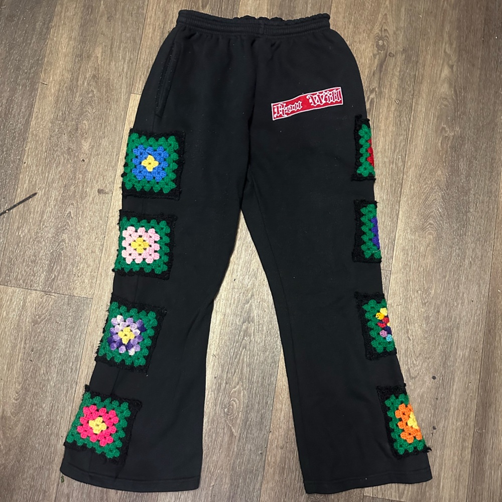 Ron Will Joggers with Colorful Crochet Patches